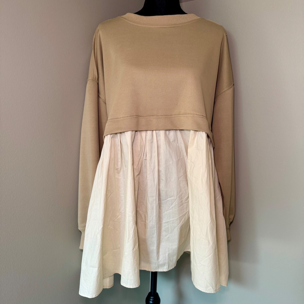 Idem Ditto Womens Mixed Media Sweatshirt Mini Dress Tan Cream Size M NEW - Picture 6 of 6